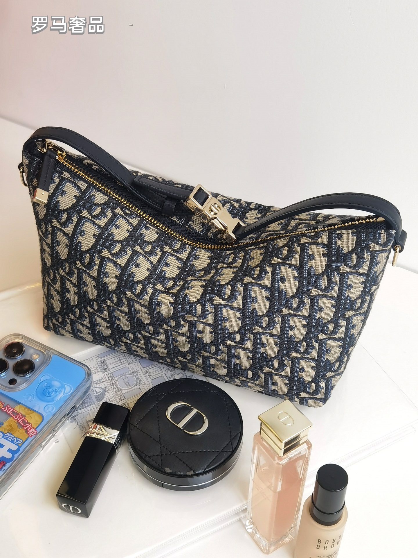 Vintage Inspired Monogram Canvas Shoulder Bag with Adjustable Strap - Navy Blue & Grey
