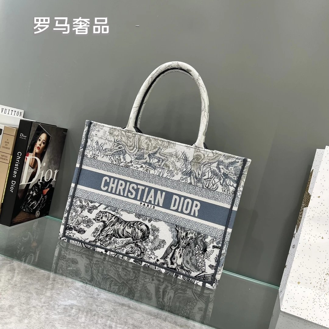 Christian Dior Grey Toile de Jouy Embroidered Canvas Medium Book Tote Bag