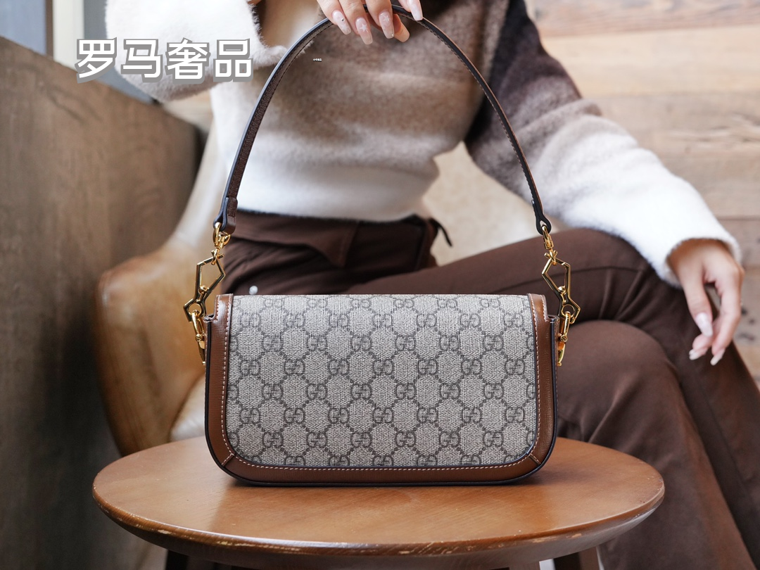 Gucci Horsebit 1955 Mini Shoulder Bag in GG Supreme Canvas with Brown Leather Trim