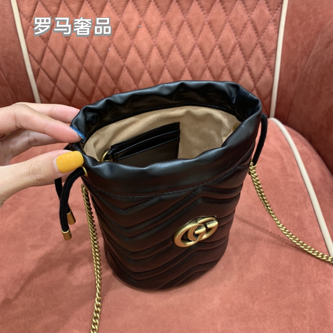 GG Marmont Matelassé Bucket Bag - Black Leather with Gold Hardware