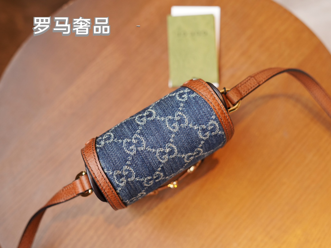Gucci Horsebit 1955 Mini Shoulder Bag Blue GG Denim with Brown Leather Trim