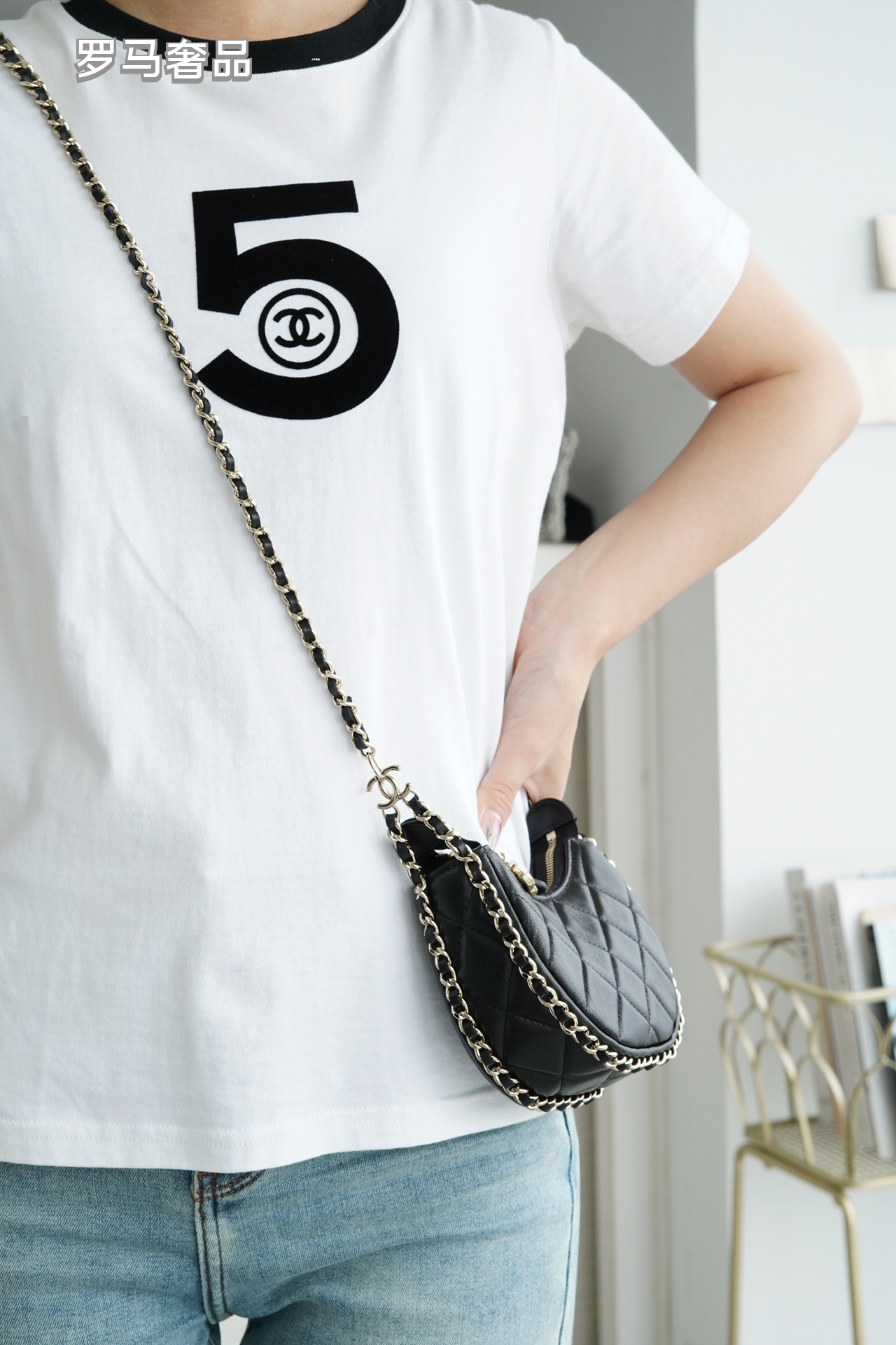 Luxury Black Quilted Leather Mini Hobo Bag with Gold-Tone Chain Strap