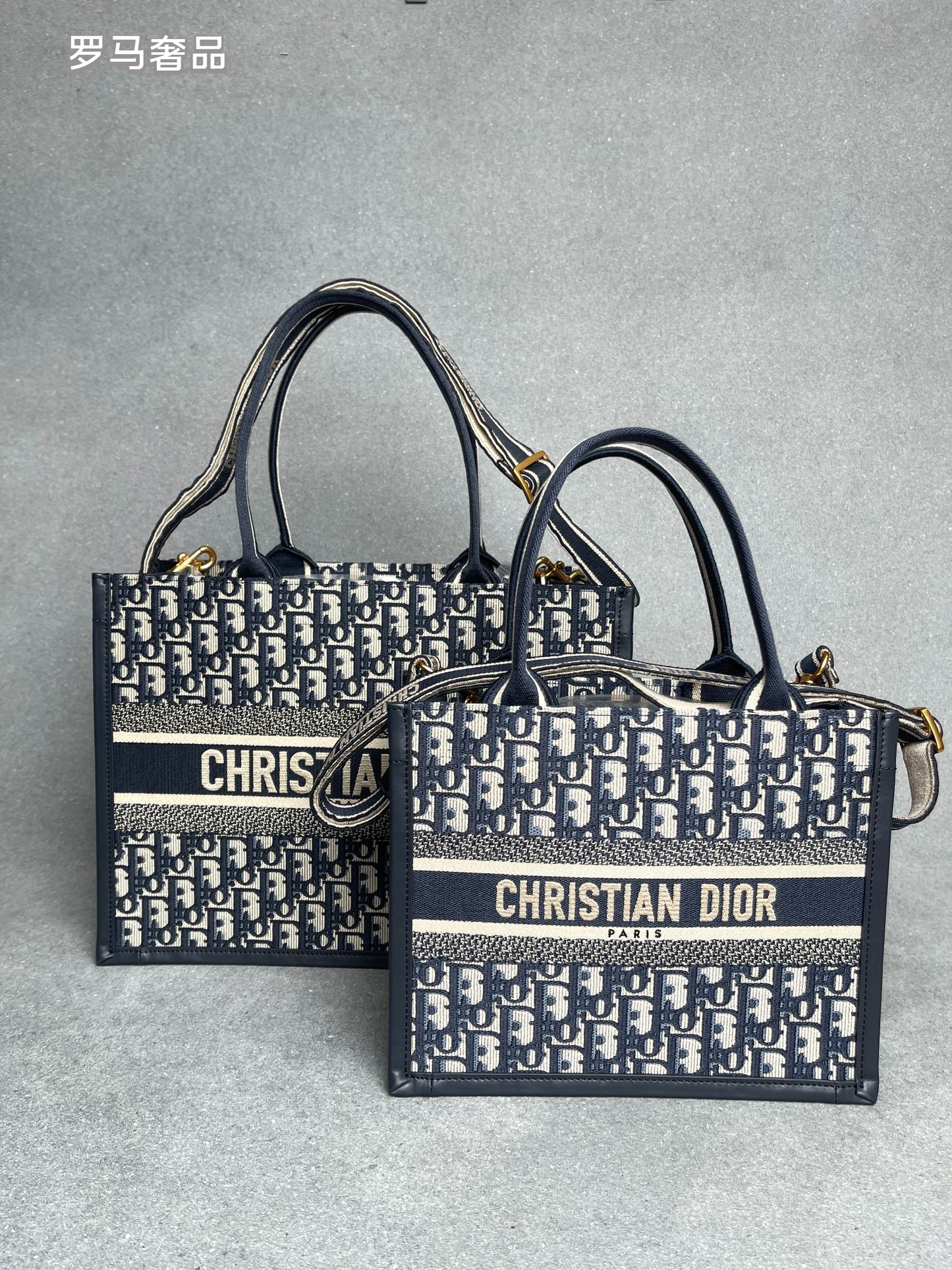Dior Navy Blue Monogram Canvas Tote Bag with Top Handles