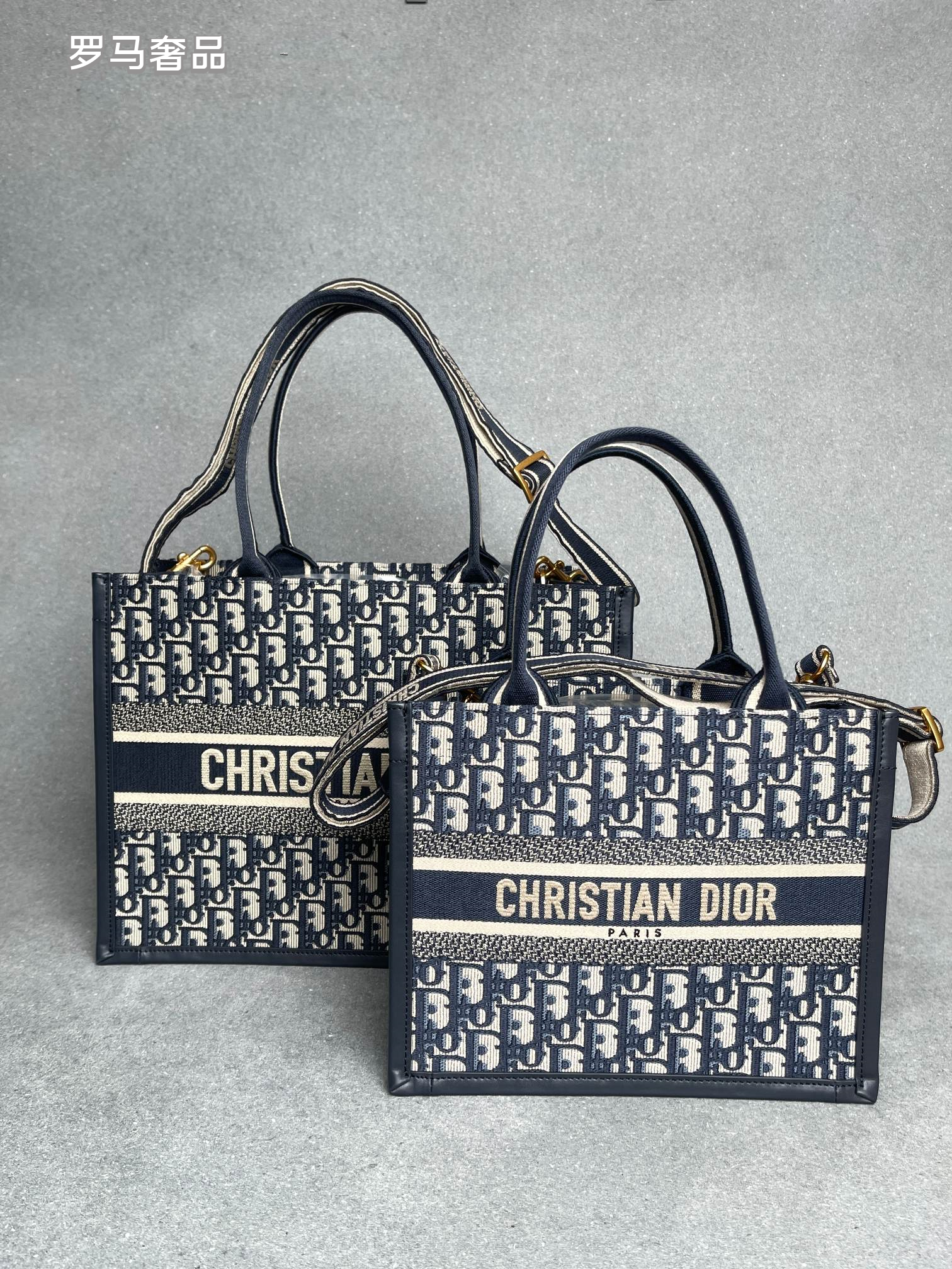 Dior Navy Blue Monogram Canvas Tote Bag with Top Handles