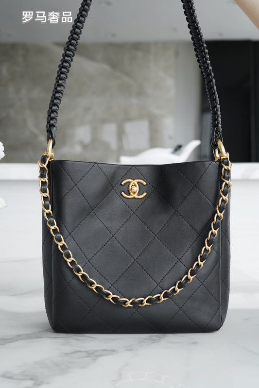 Chanel Quilted Caviar Leather Small Bucket Bag with Gold-Tone Hardware - Black