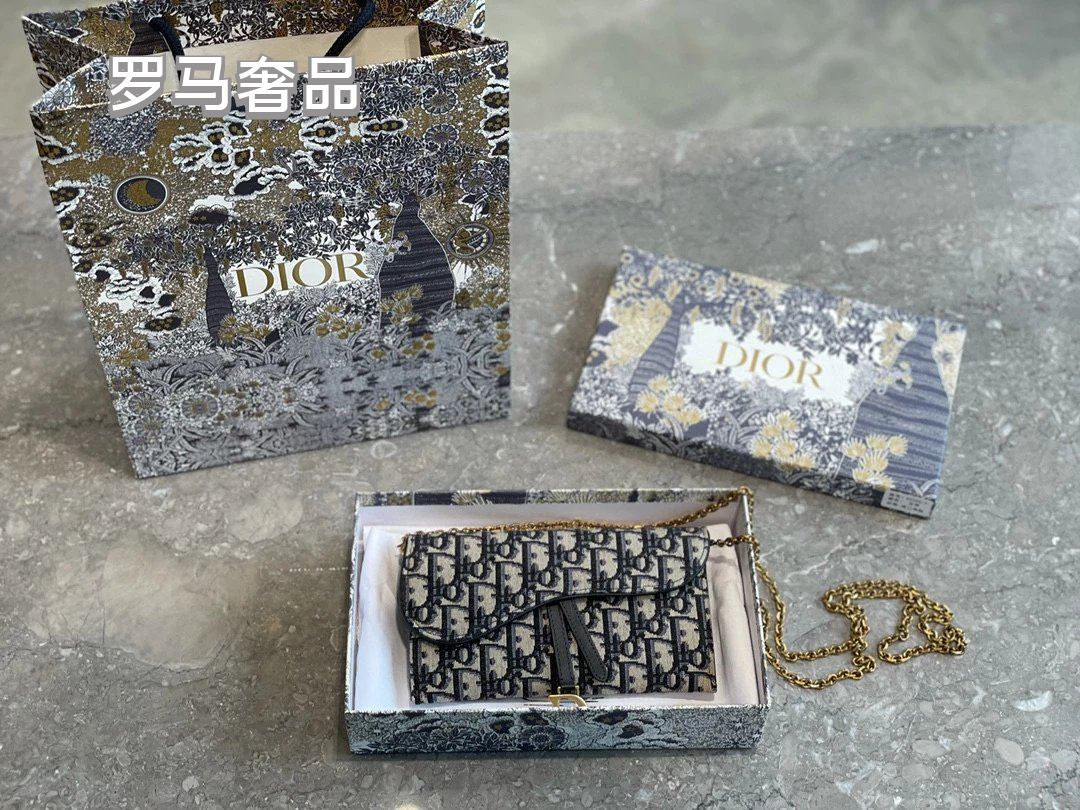 Dior Saddle Wallet on Chain Blue Dior Oblique Jacquard