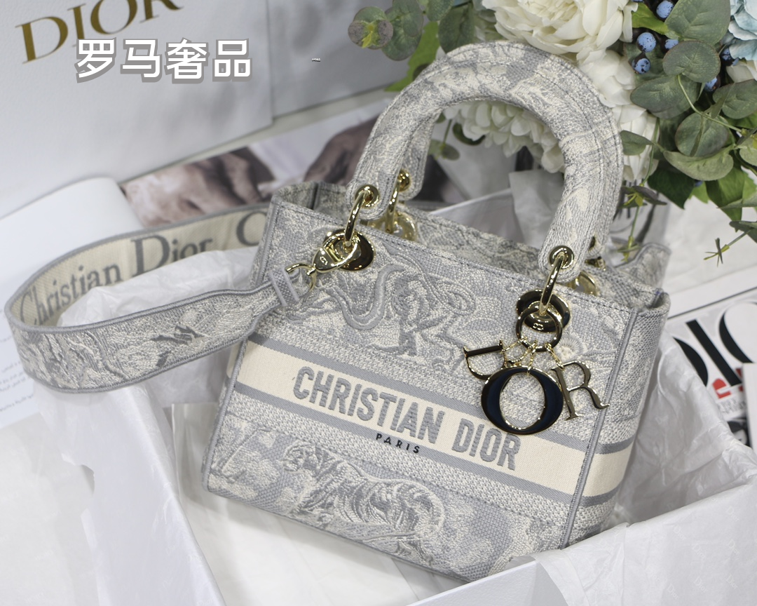 Christian Dior Lady D-Lite Medium Handbag - Grey Embroidered Toile de Jouy