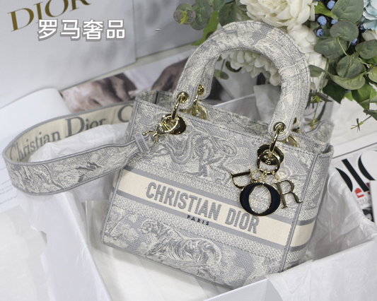 Christian Dior Lady D-Lite Medium Handbag - Grey Embroidered Toile de Jouy
