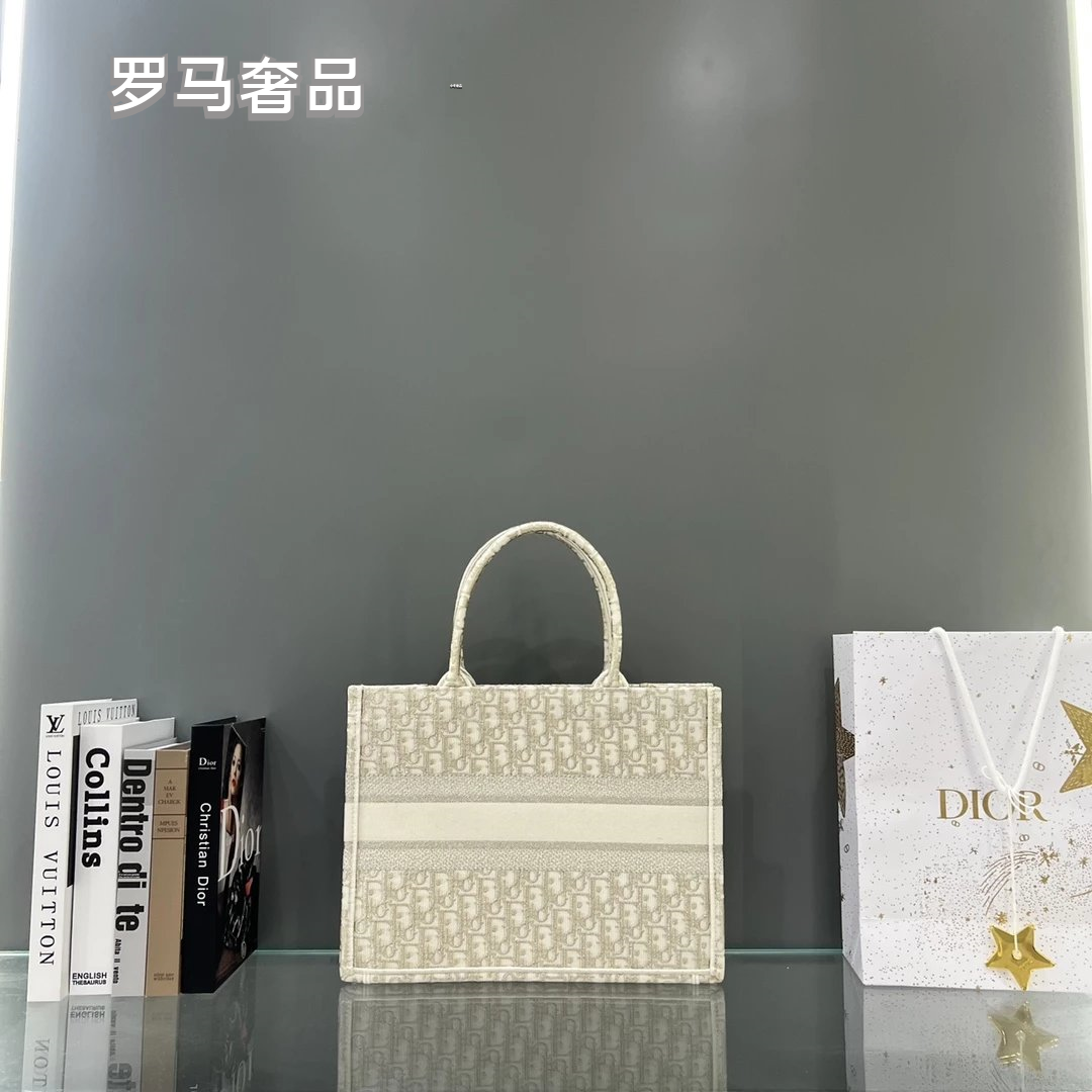 Christian Dior Book Tote Bag - Cream Oblique Embroidery Canvas Luxury Handbag