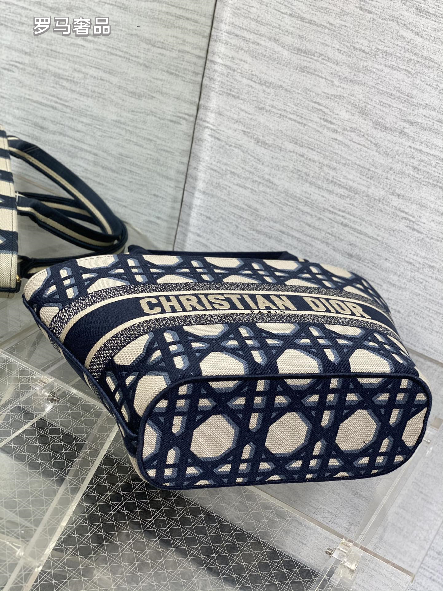 Christian Dior Oblique Canvas Small Tote Bag with Shoulder Strap - Navy Blue