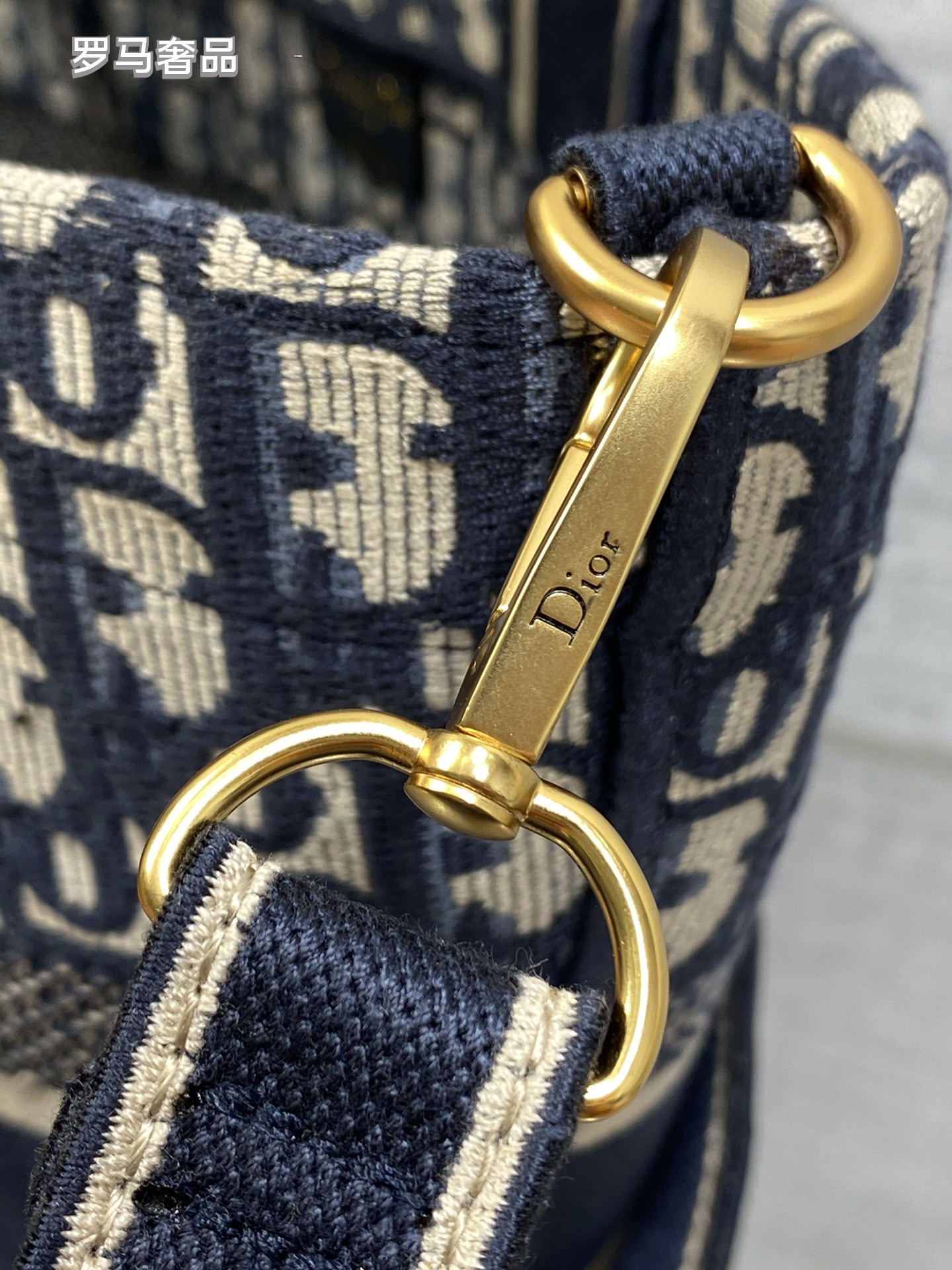 Christian Dior Oblique Canvas Small Tote Bag with Shoulder Strap - Navy Blue