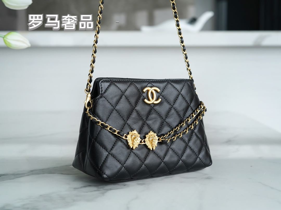Chanel Black Quilted Leather Flap Bag with Lion Head Chain Embellishments