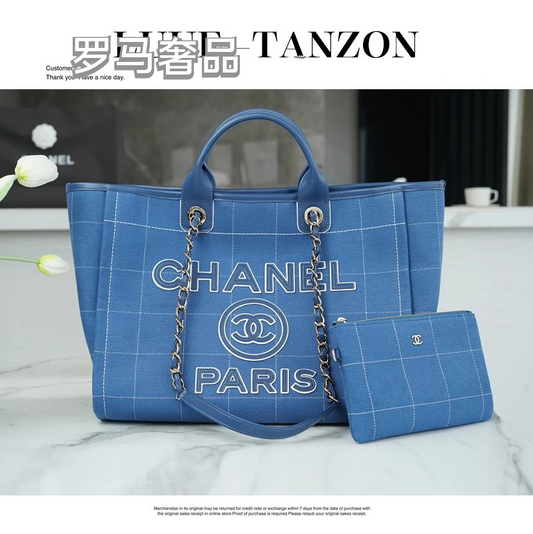 Chanel Deauville Large Tote Bag with Matching Pouch - Blue Denim Canvas