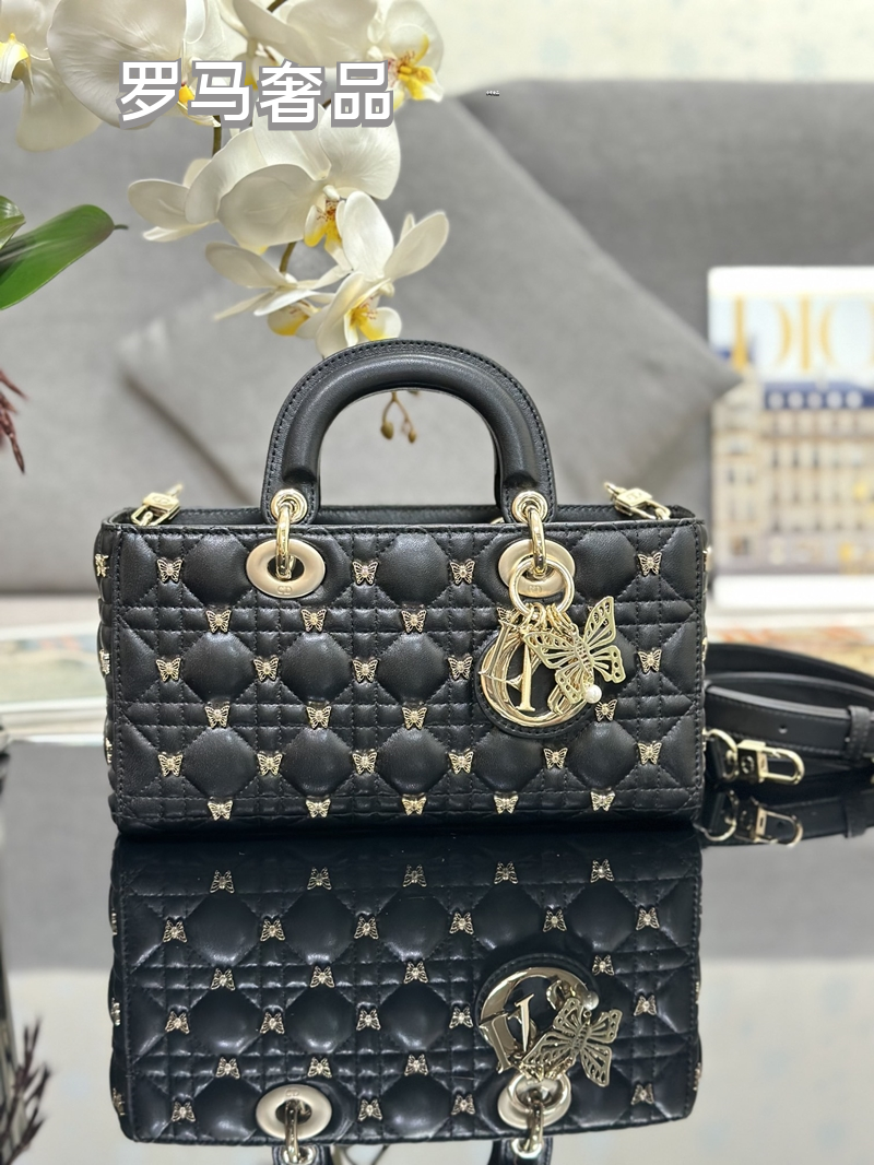 Christian Dior Lady D-Joy Bag Black Quilted Lambskin with Butterfly Charm