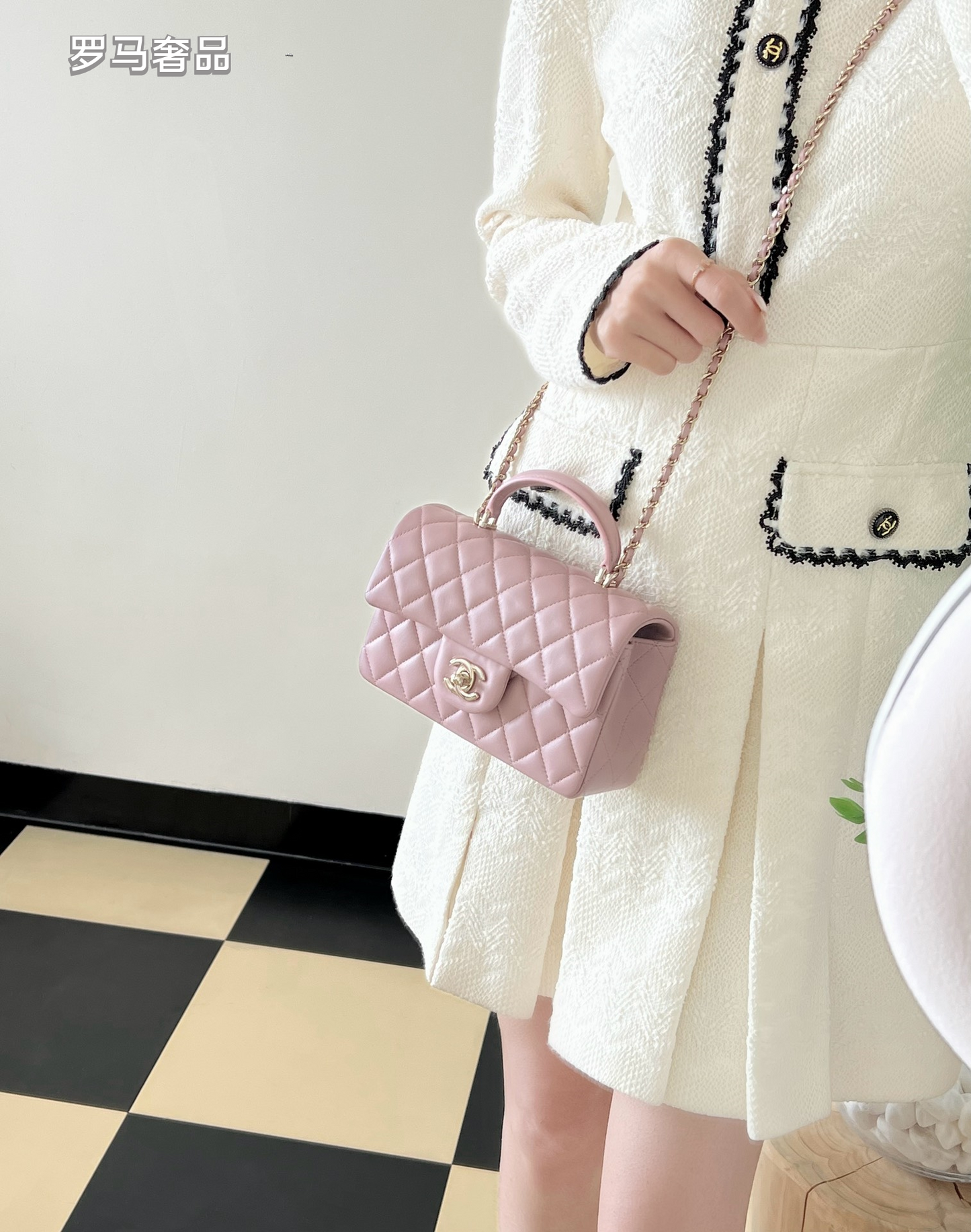 Chanel Mini Top Handle Flap Bag - Light Pink Quilted Lambskin Leather