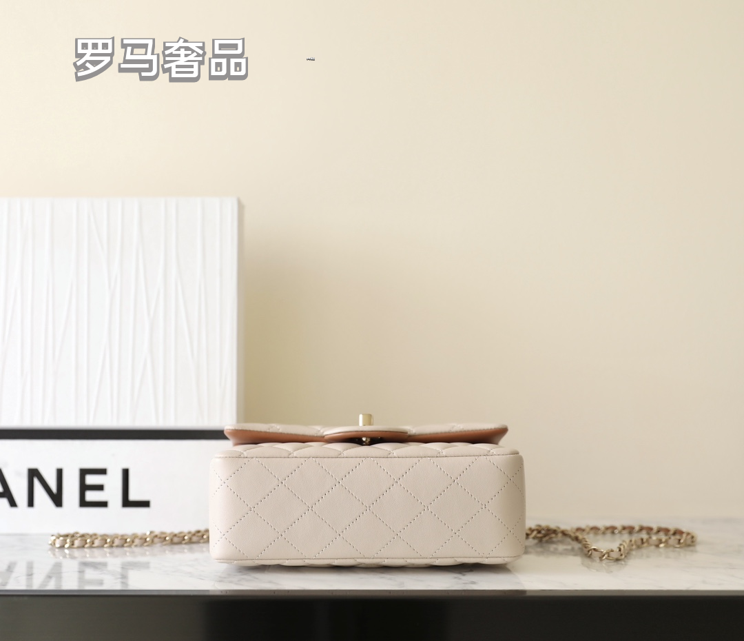 Chanel Small Beige Quilted Lambskin Top Handle Flap Bag with Gold Hardware