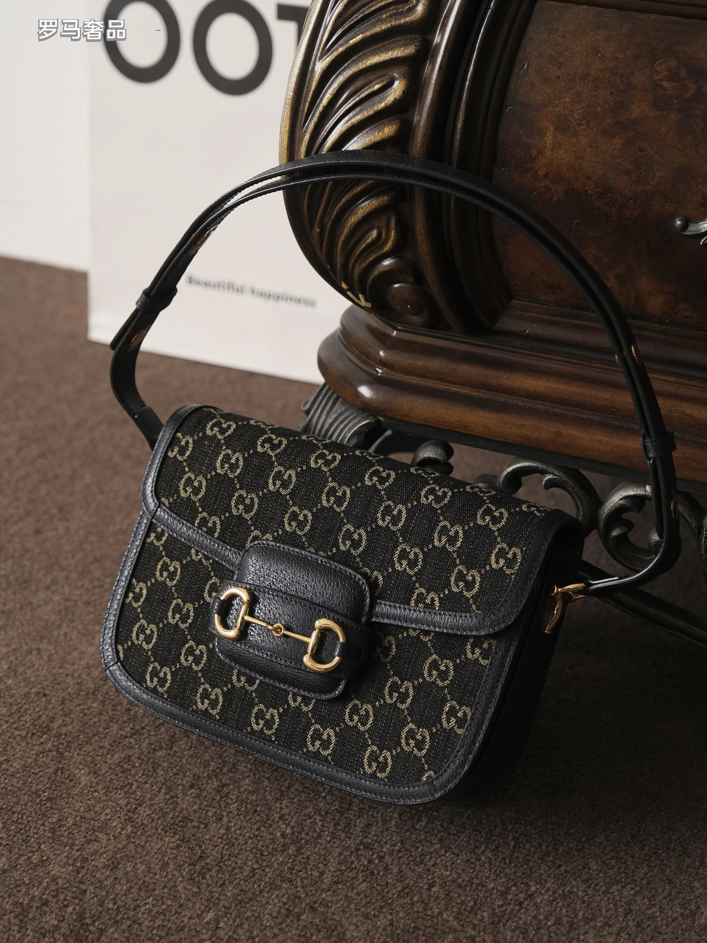 Gucci Vintage Monogram Canvas Shoulder Bag with Gold Horsebit Buckle
