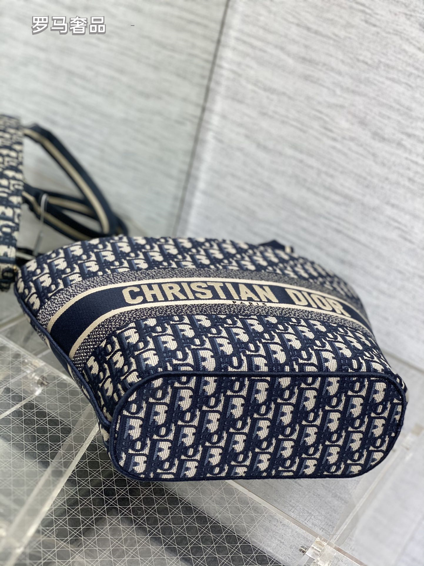 Christian Dior Oblique Canvas Small Tote Bag with Shoulder Strap - Navy Blue