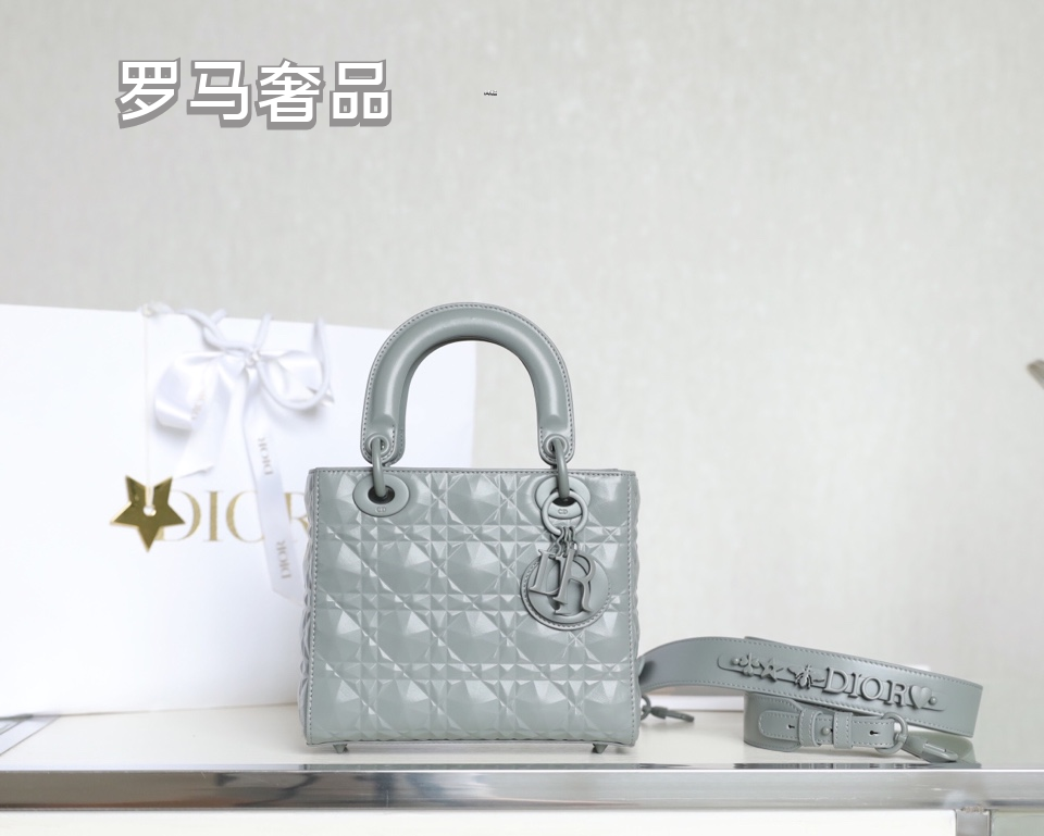 Dior Elegant Light Gray Quilted Top Handle Handbag with Shoulder Strap