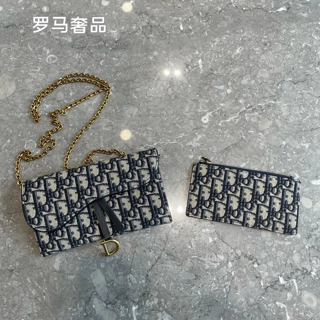 Dior Saddle Wallet on Chain Blue Dior Oblique Jacquard