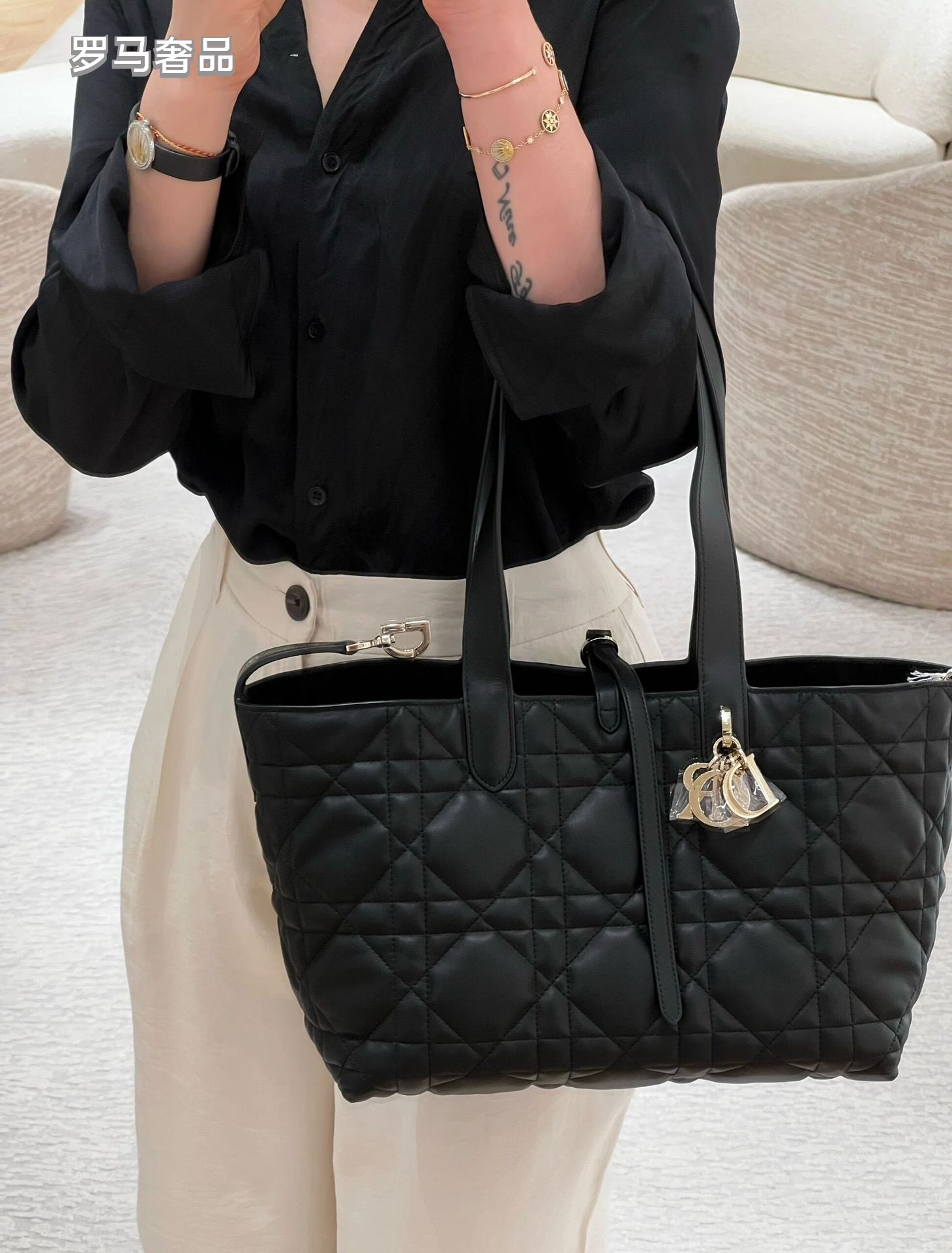 Luxury Black Quilted Macrocannage Handbag with Gold 'DIOR' Charms