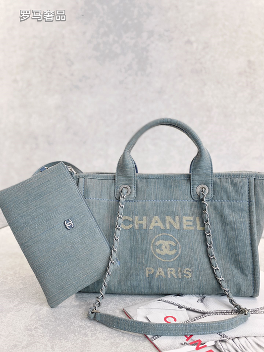 Chanel Deauville Canvas Tote Bag with Pouch - Blue/Grey