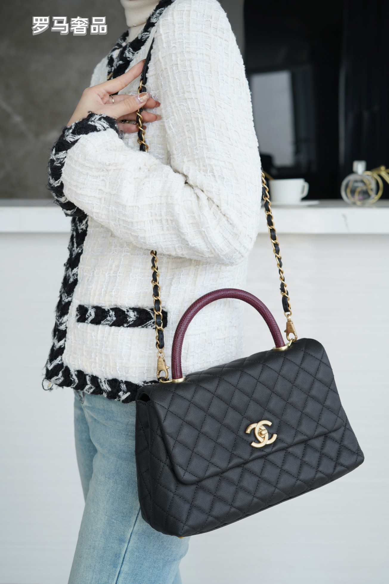 Chanel Medium Coco Handle Bag Black Quilted Caviar Leather Gold Hardware