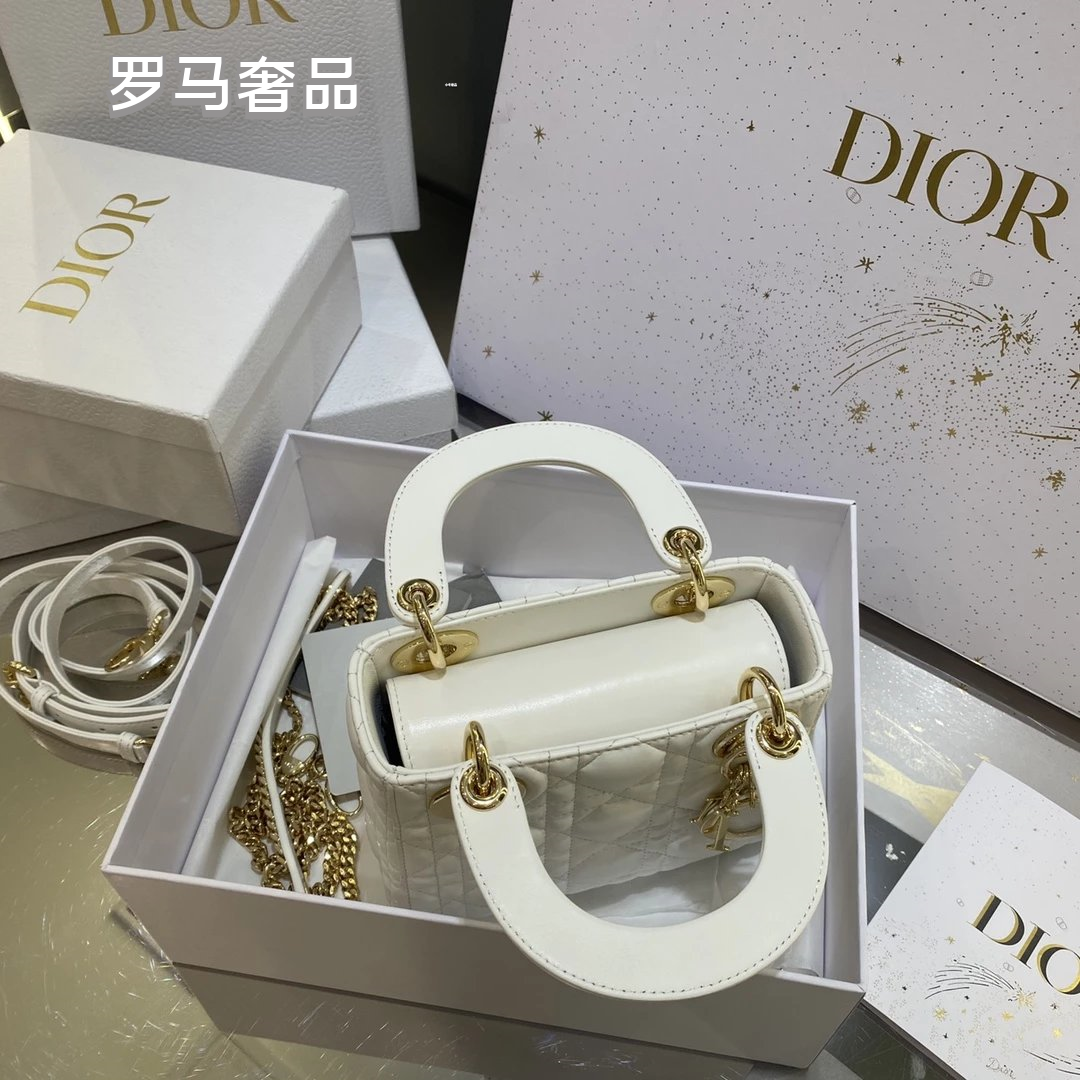 Dior Classic White Quilted Leather Mini Top Handle Bag with Silver Hardware