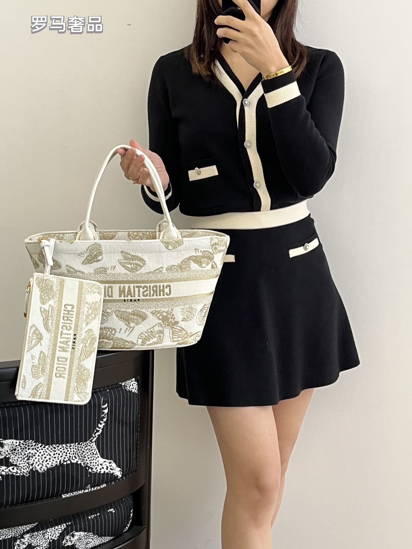 Christian Dior Small Canvas Tote Bag with Butterfly Print - White/Gold