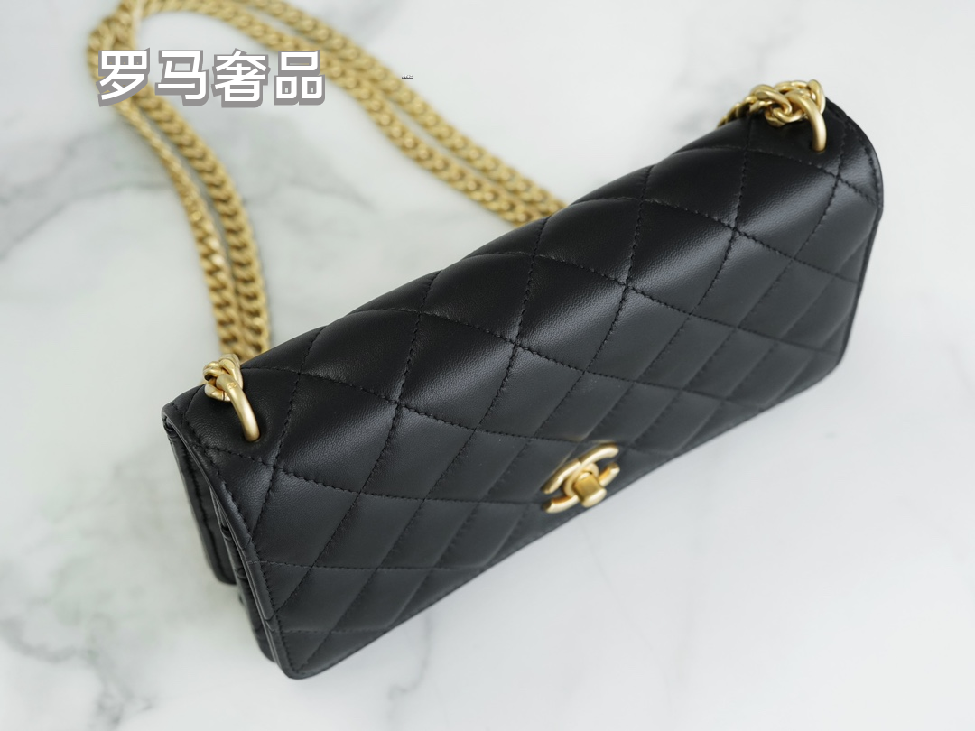Chanel Quilted Lambskin Wallet on Chain with Camellia Gold Charm - Black