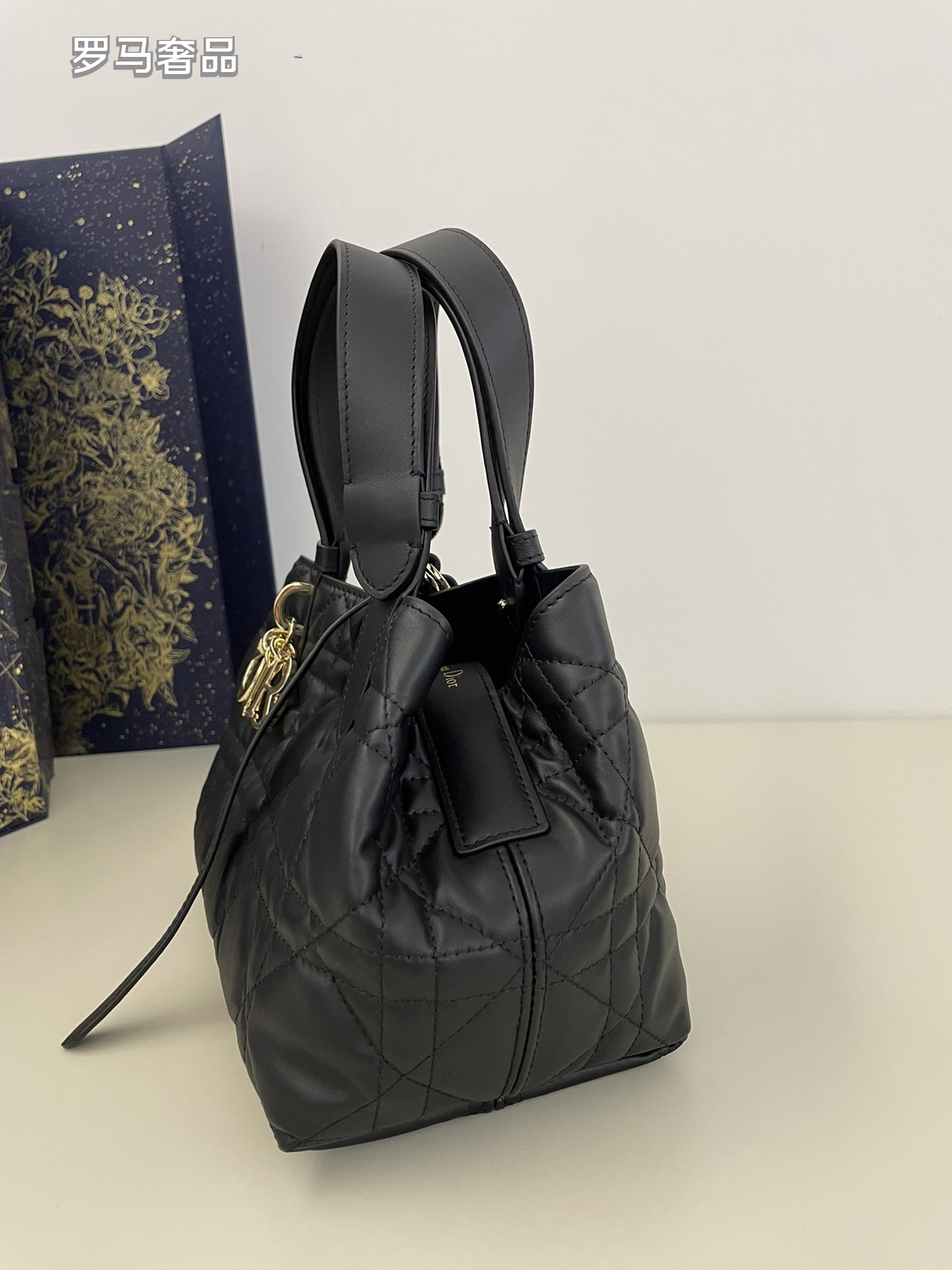 Luxury Black Quilted Macrocannage Handbag with Gold 'DIOR' Charms