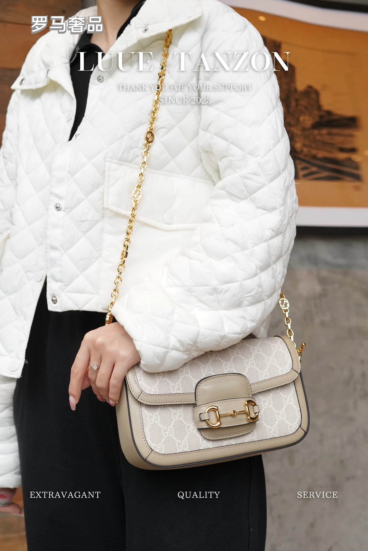 LULU LANZOX Women's Monogram Horsebit Shoulder Bag - Cream/Beige Luxury Crossbody