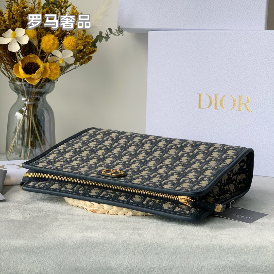 Christian Dior Oblique A5 Pouch Blue Jacquard Clutch Bag