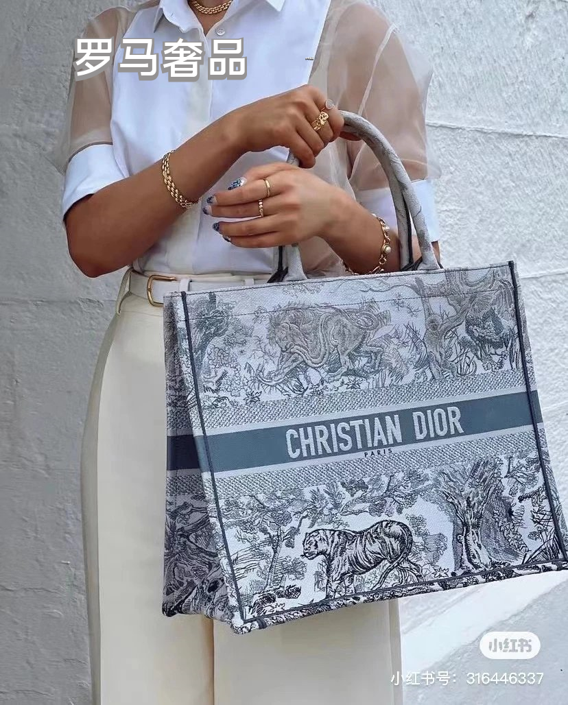Christian Dior Grey Toile de Jouy Embroidered Canvas Medium Book Tote Bag