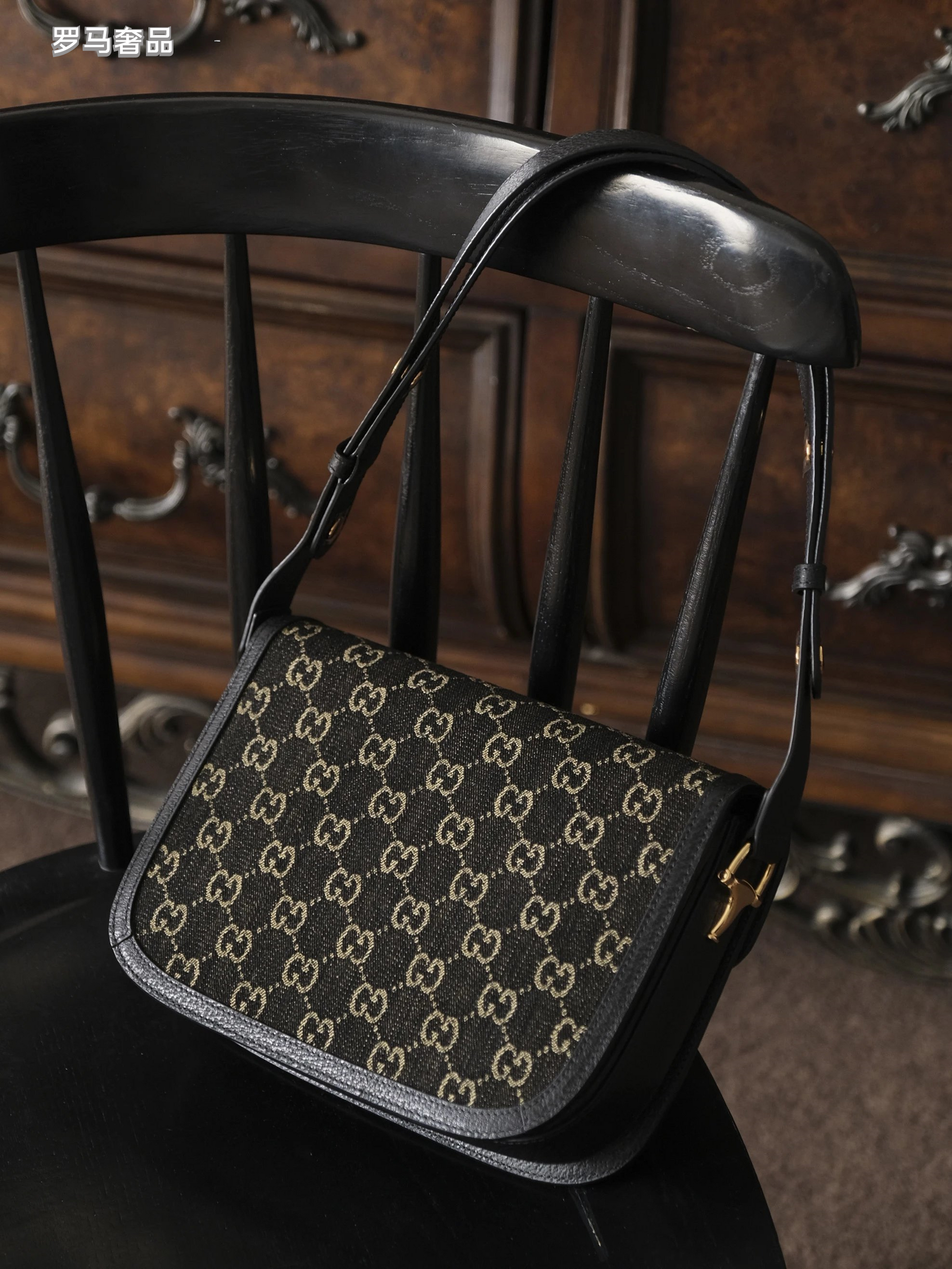 Gucci Vintage Monogram Canvas Shoulder Bag with Gold Horsebit Buckle