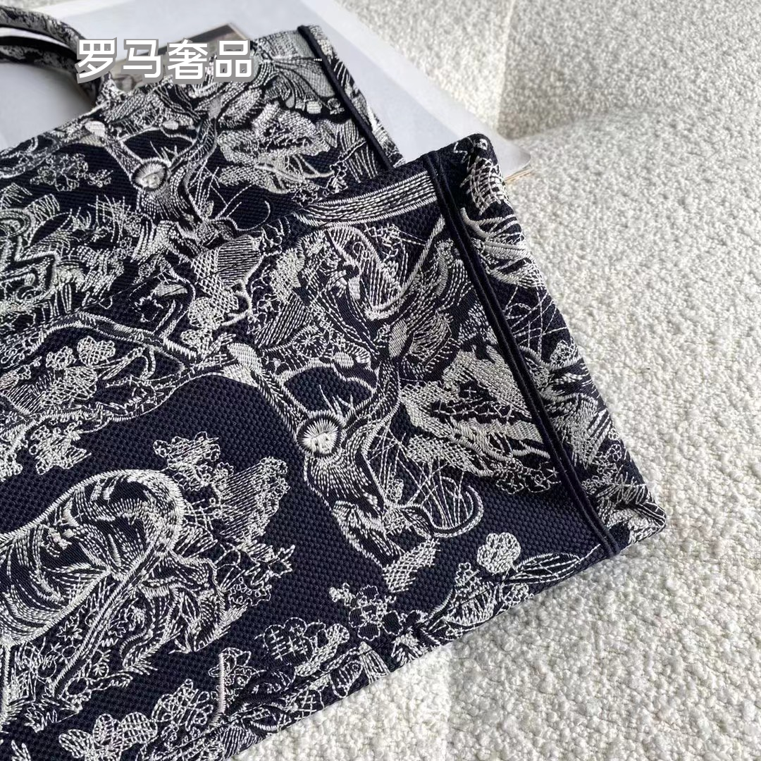 Christian Dior Book Tote Toile de Jouy Embroidery Bag - Black and White