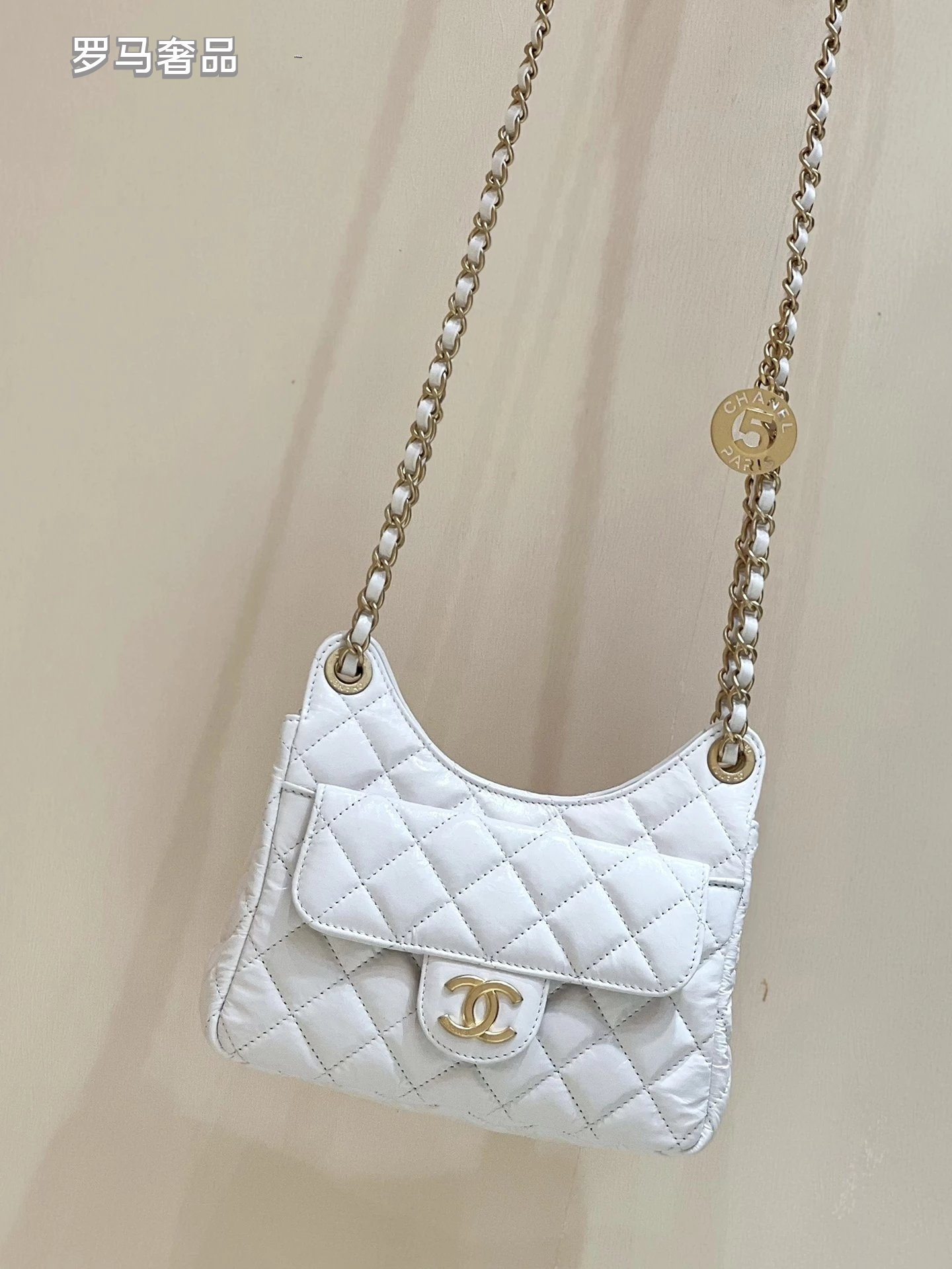 Chanel Small Hobo Bag White Quilted Lambskin Gold-Tone Metal Handbag