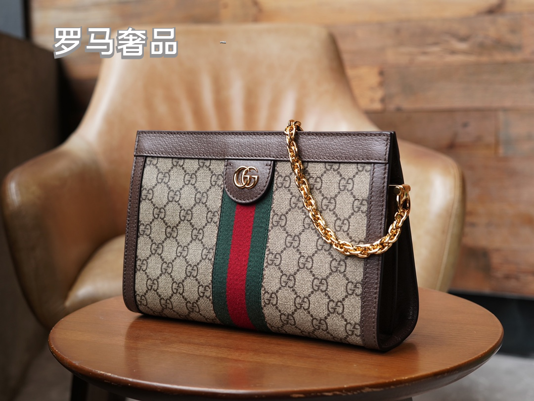 Gucci Classic Monogram Canvas Shoulder Bag with Stripe and Gold Chain