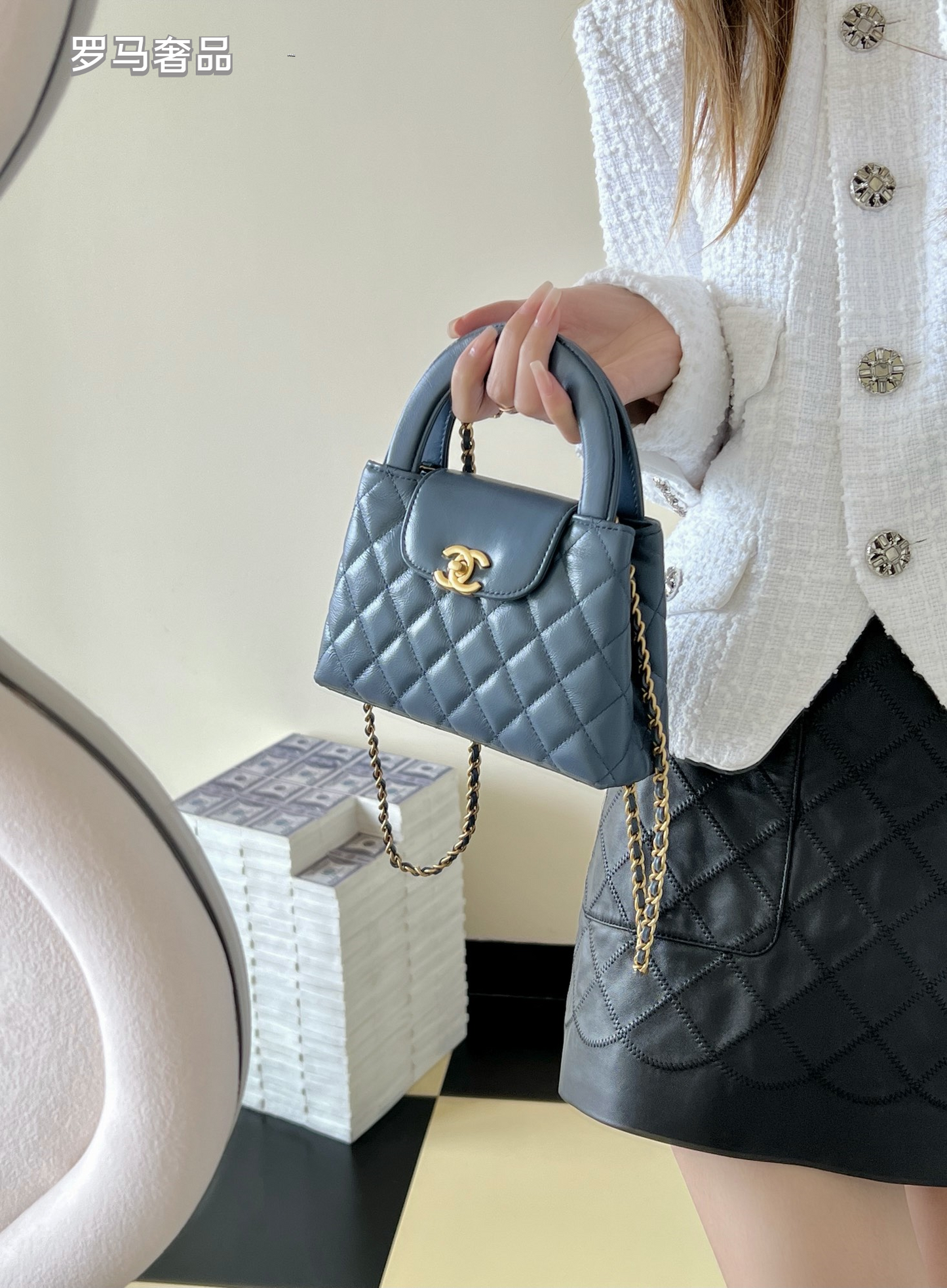 Chanel Quilted Leather Top Handle Flap Bag - Steel Blue with Gold Hardware