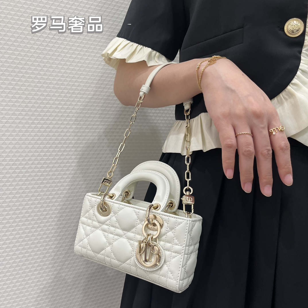 Lady D-Joy Bag - Off-White Cannage Lambskin with Gold-Finish Metal Charms