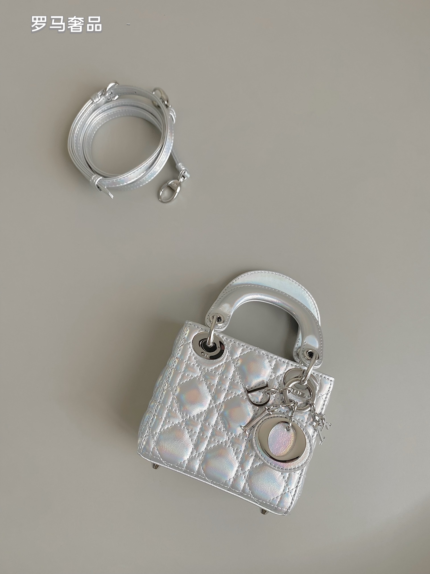 Micro Quilted Top-Handle Bag with Detachable Shoulder Strap - Silver