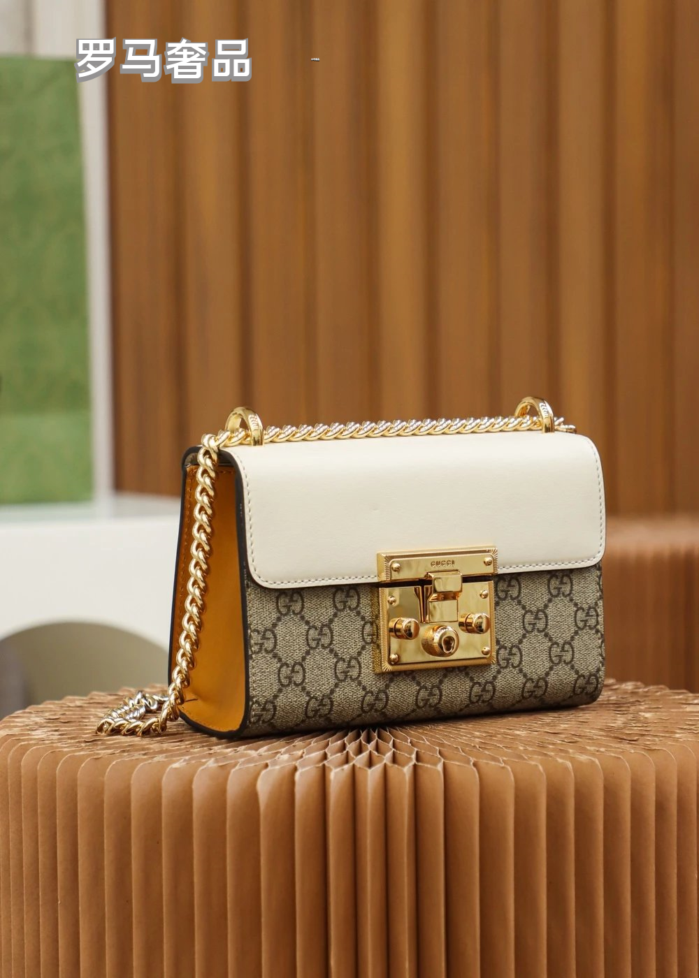 Gucci Vintage Monogram Canvas Crossbody Bag with Leather Flap and Gold Chain