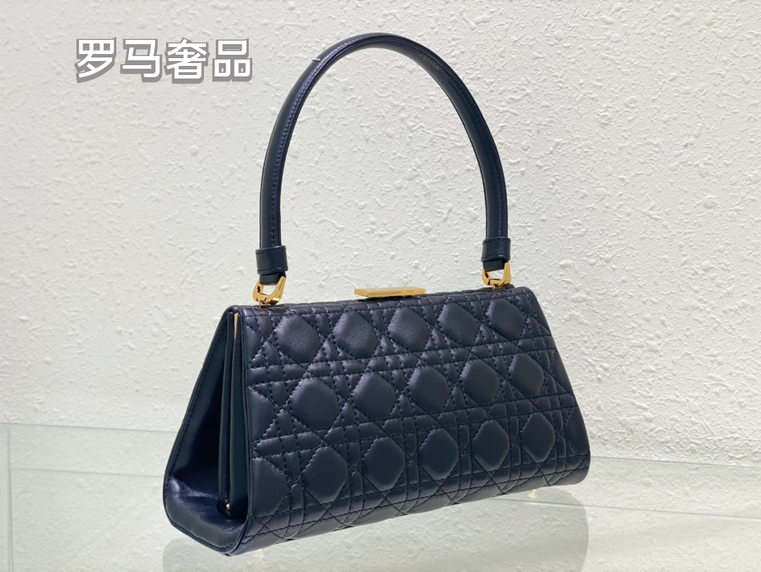 Elegant Navy Blue Quilted Leather Handbag with Top Handle - Classic East-West Designer Style Shoulder Bag for Women