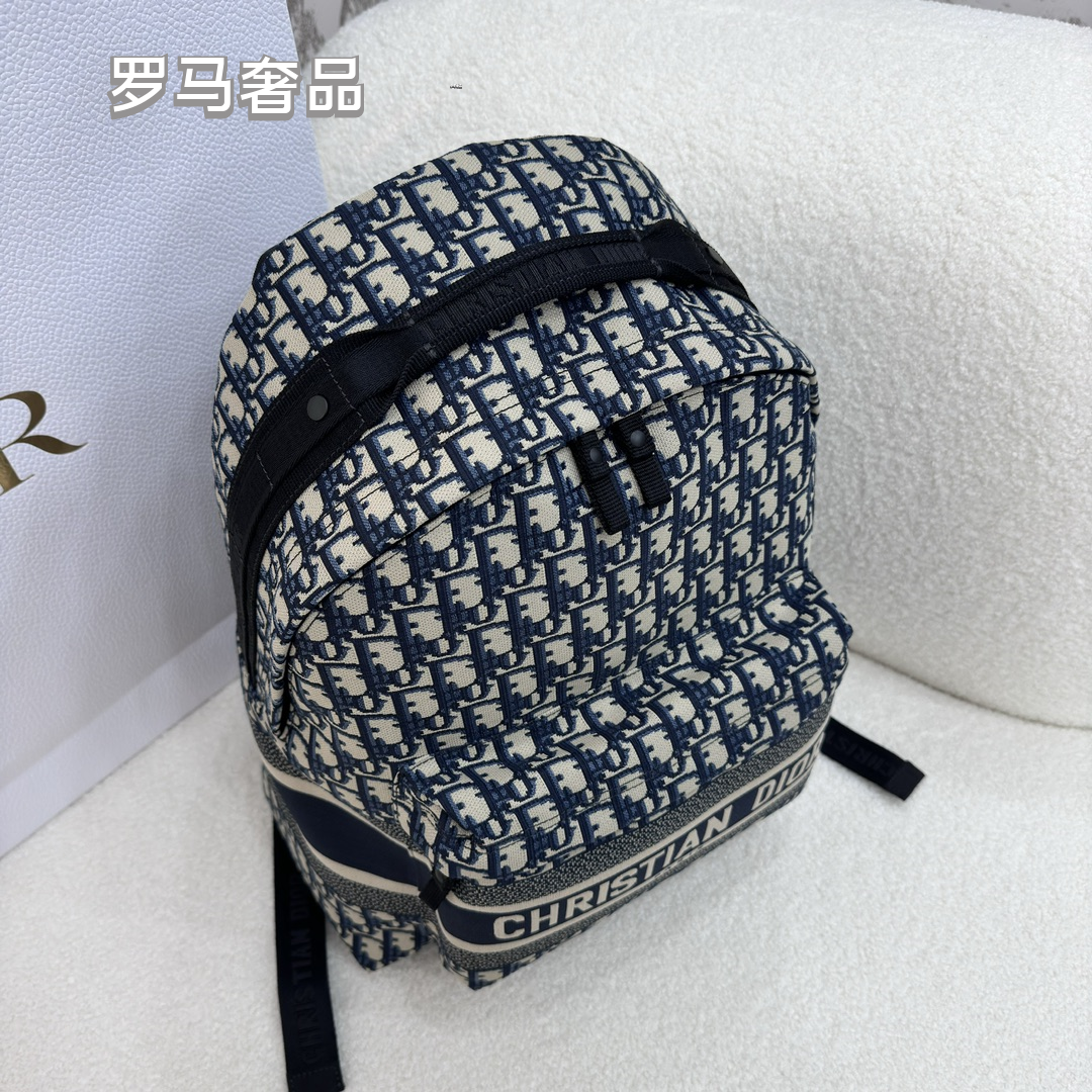 Christian Dior Oblique Jacquard Canvas Backpack - Navy Blue & Beige