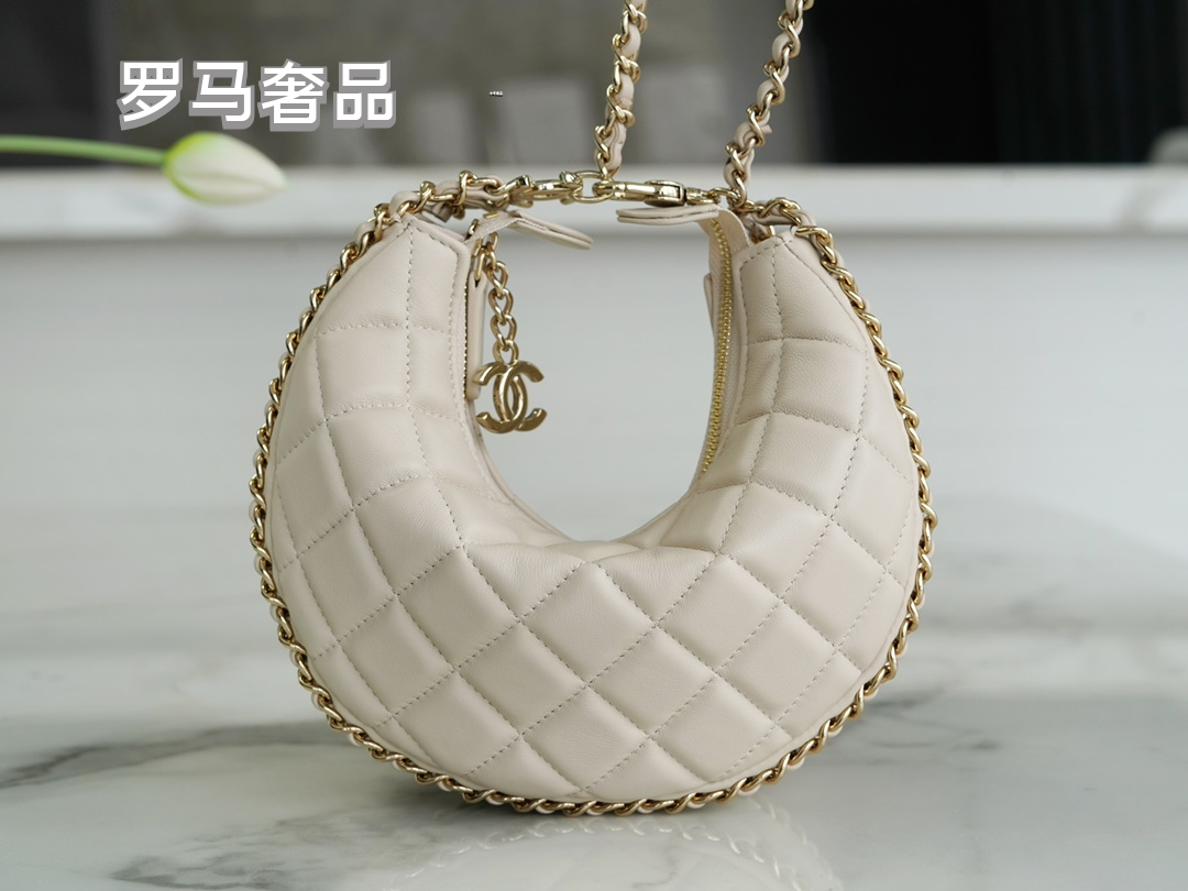 Chanel Style Small Quilted Crescent Hobo Bag in Beige with Gold-Tone Chain