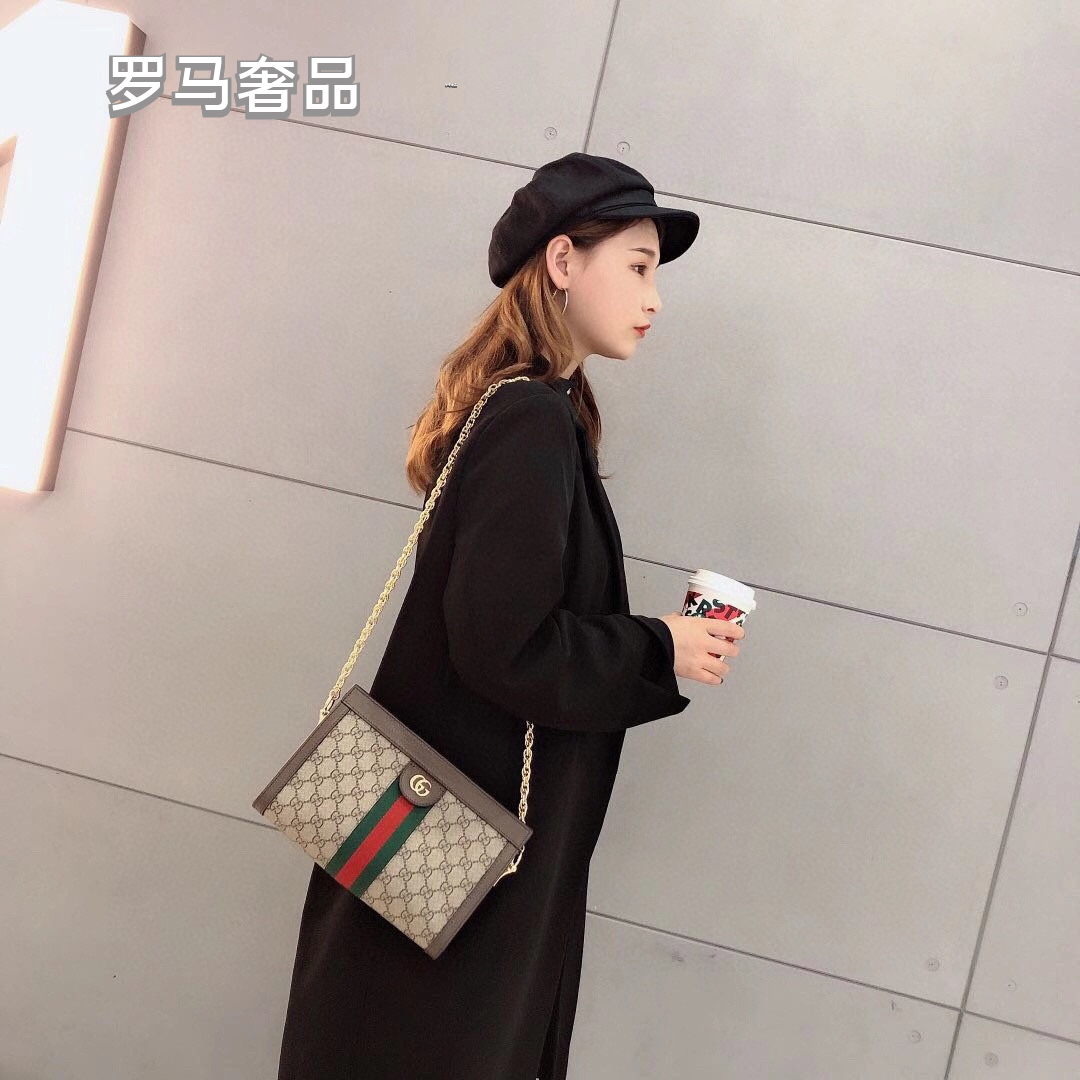 Gucci Classic Monogram Canvas Shoulder Bag with Stripe and Gold Chain
