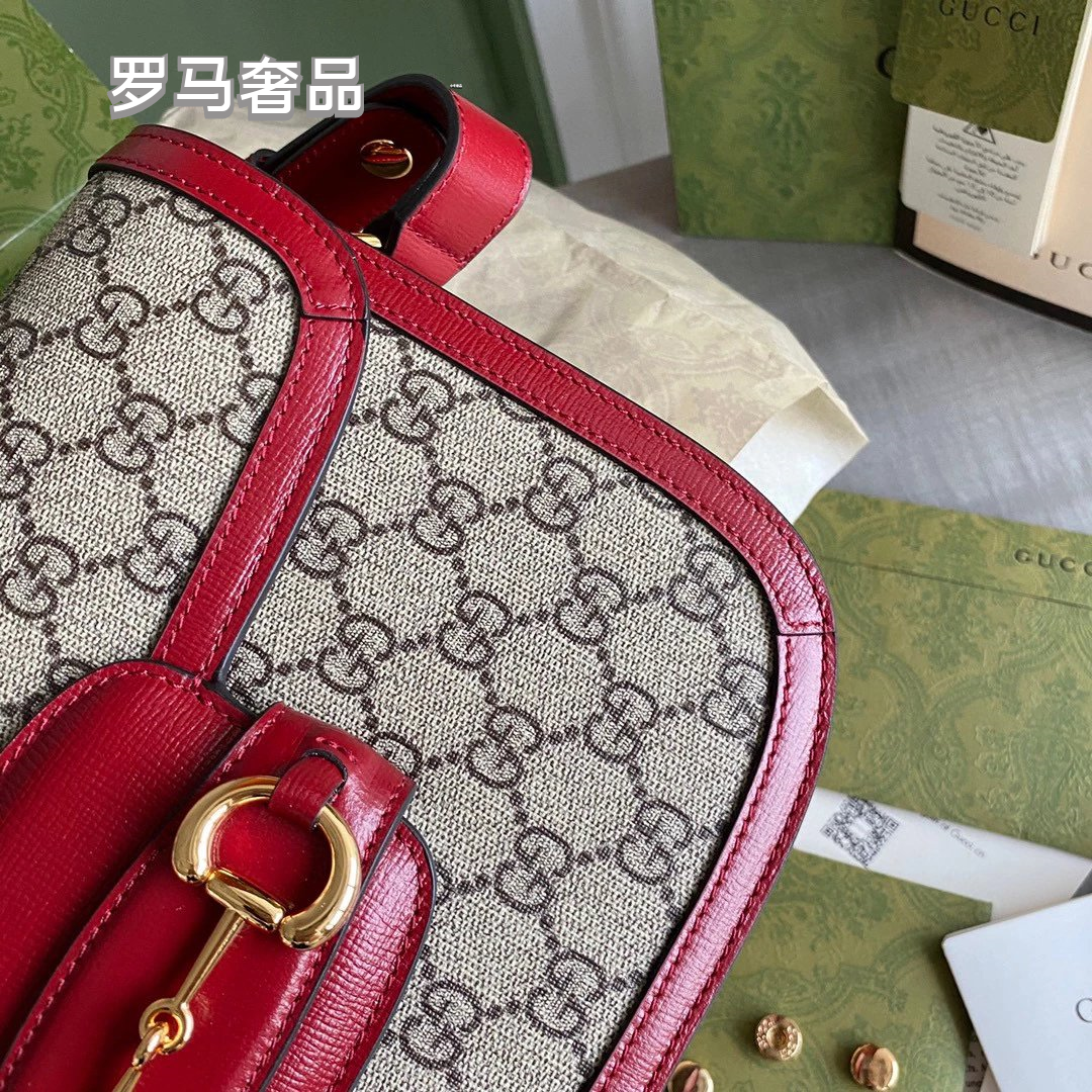 Designer GG Supreme Horsebit Shoulder Bag - Red Leather &amp; Monogram Canvas