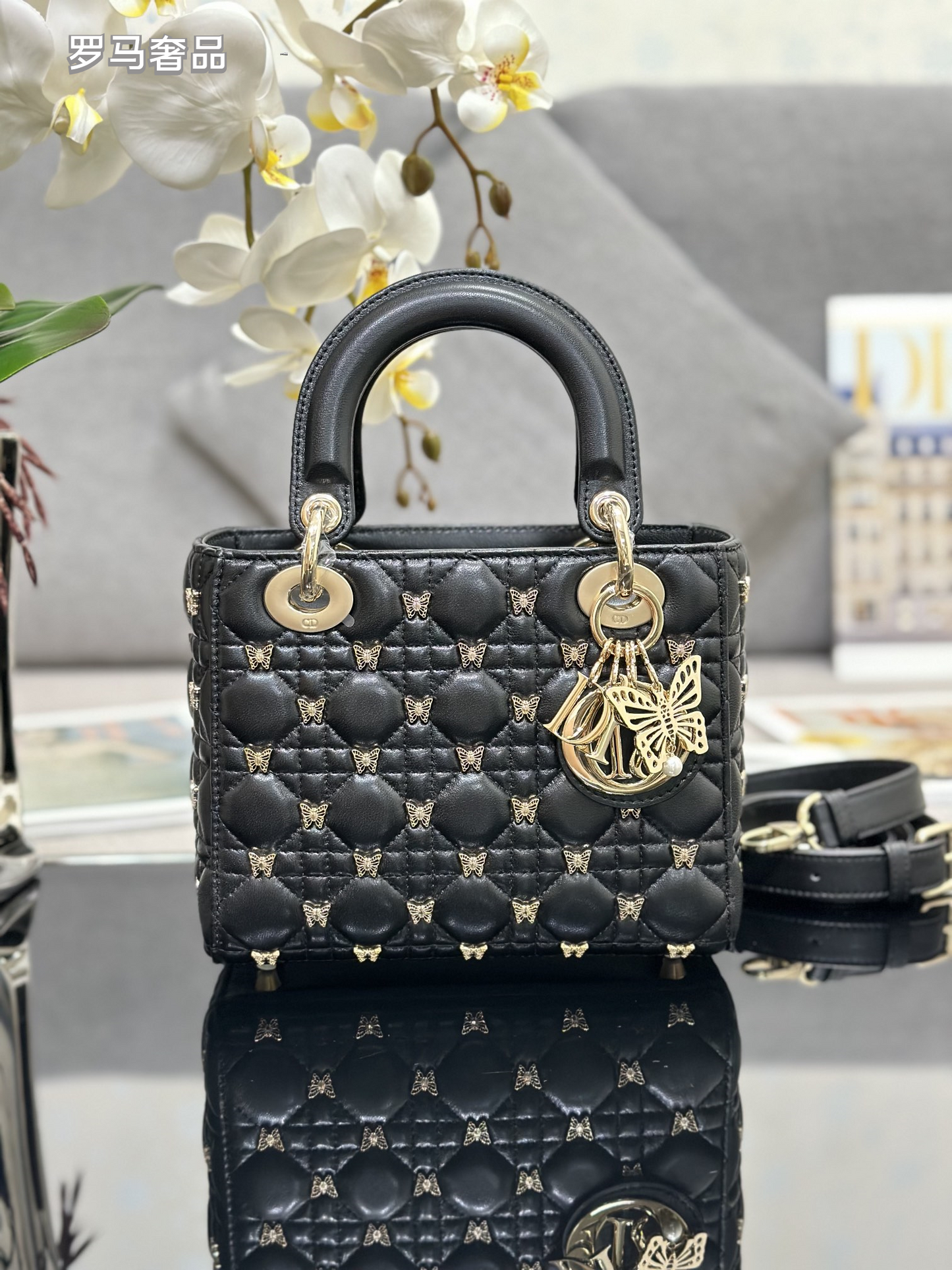 Lady Dior Small Handbag - Black Quilted Leather with Butterfly Embellishments