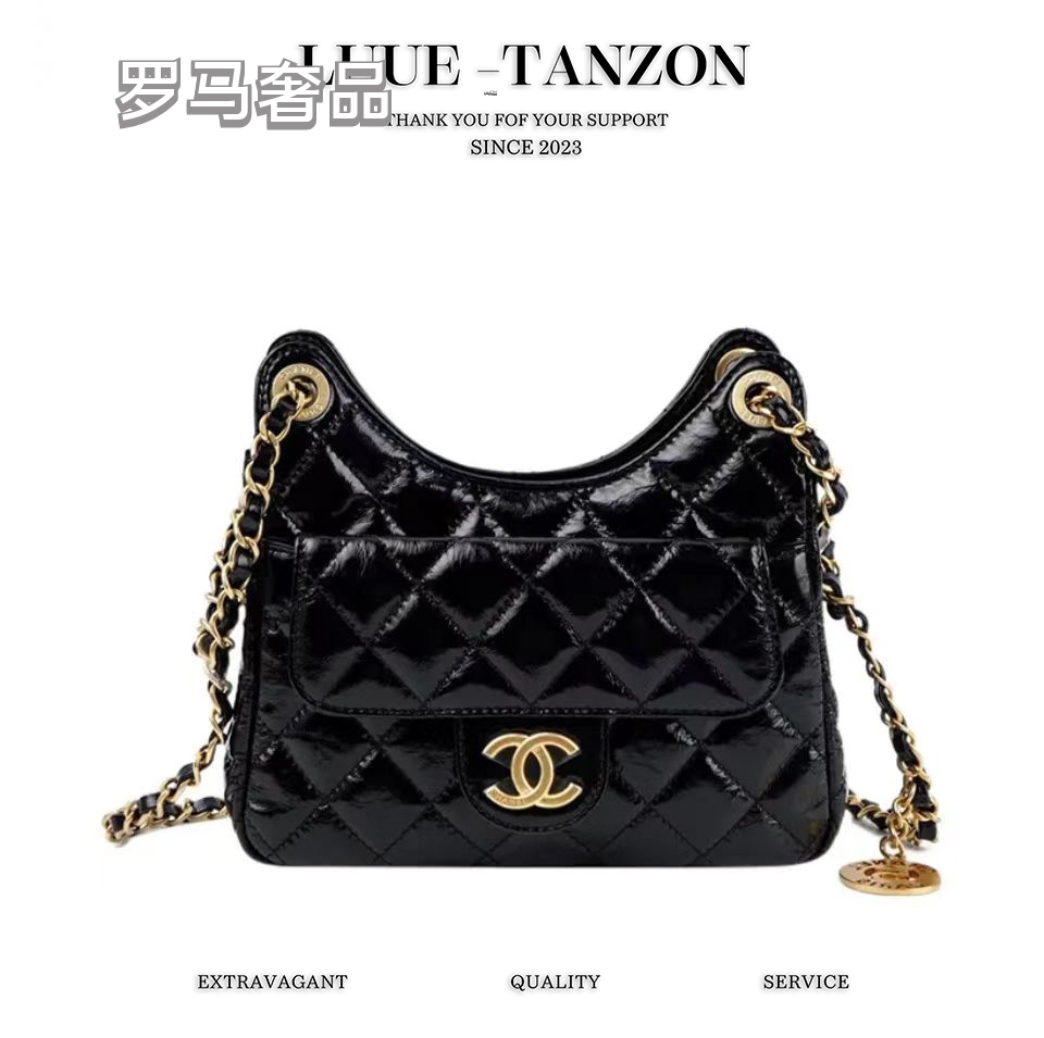 Elegant Black Quilted Patent Leather Shoulder Bag with Gold Chain Strap