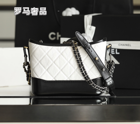 Chanel Small Gabrielle Hobo Bag - White &amp; Black Quilted Aged Calfskin